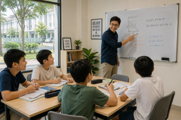 Tutor Rumah Ilmuku mengajar matematika di kelas yang terang
